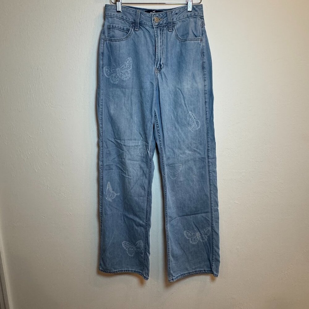 Womens 25 R Hollister Ultra High Rise Baggy Butterfly Print Jeans Light Wash‎
